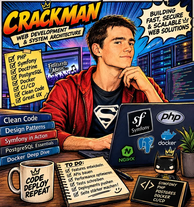 Comic-Illustration von Crackman am Schreibtisch vor Bildschirmen mit Code, Laptop mit Symfony-, PHP- und Docker-Aufklebern