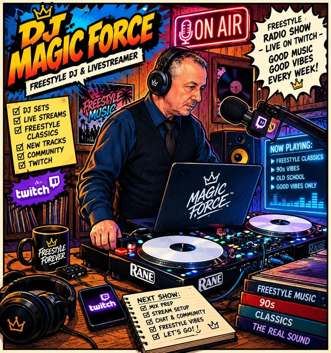 Comic-Illustration von DJ Magic Force mit Kopfhörern an Turntables und Mischpult, daneben ein On-Air-Schild