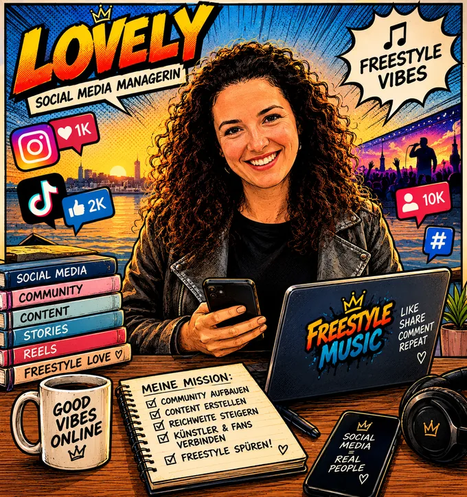 Comic-Illustration von Lovely mit Smartphone, umgeben von Instagram- und TikTok-Symbolen und einem Notizblock