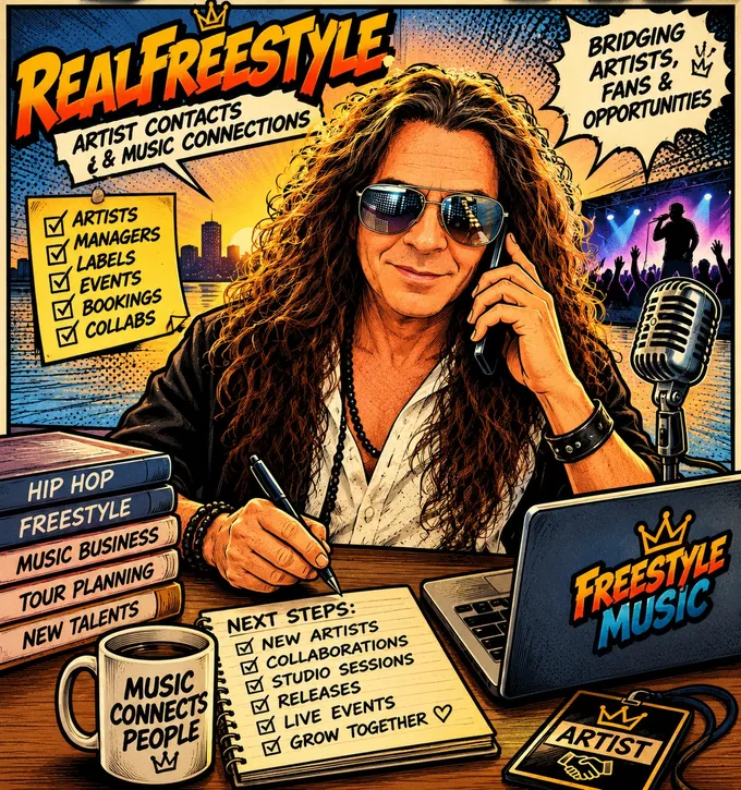 Comic-Illustration von RealFreestyle mit Sonnenbrille, Telefon am Ohr, Notizblock und Mikrofon vor einer Skyline