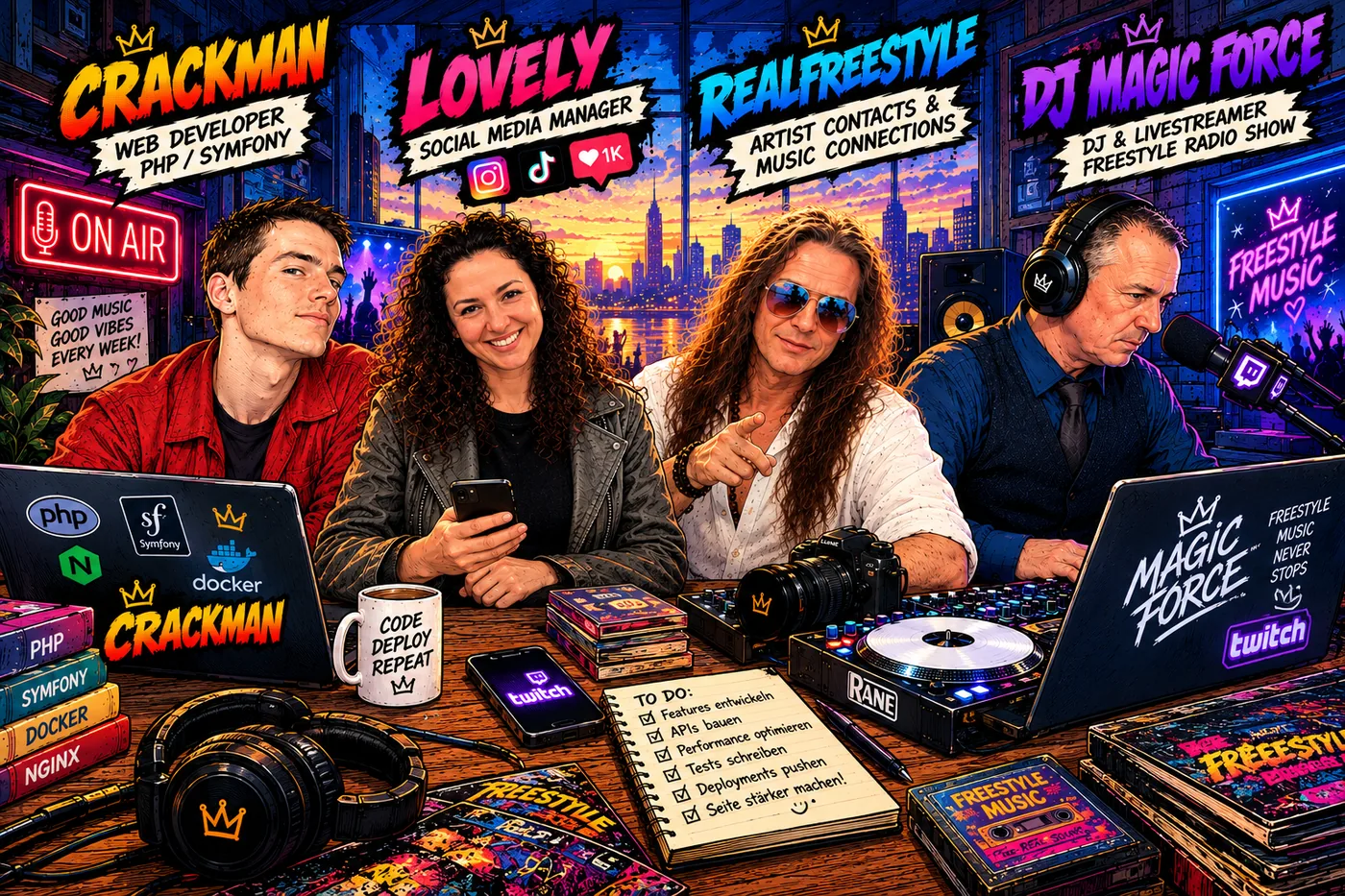 Comic-Illustration des vierköpfigen FreestyleMusic-Teams nebeneinander an einem Tisch: Crackman mit Laptop, Lovely mit Smartphone, RealFreestyle mit Sonnenbrille und DJ Magic Force mit Kopfhörern am Mischpult, über jedem sein Name und seine Rolle